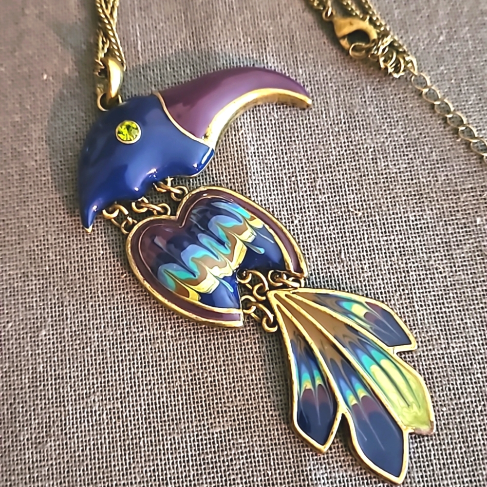 Brass & enamel toucan long necklace blue purple